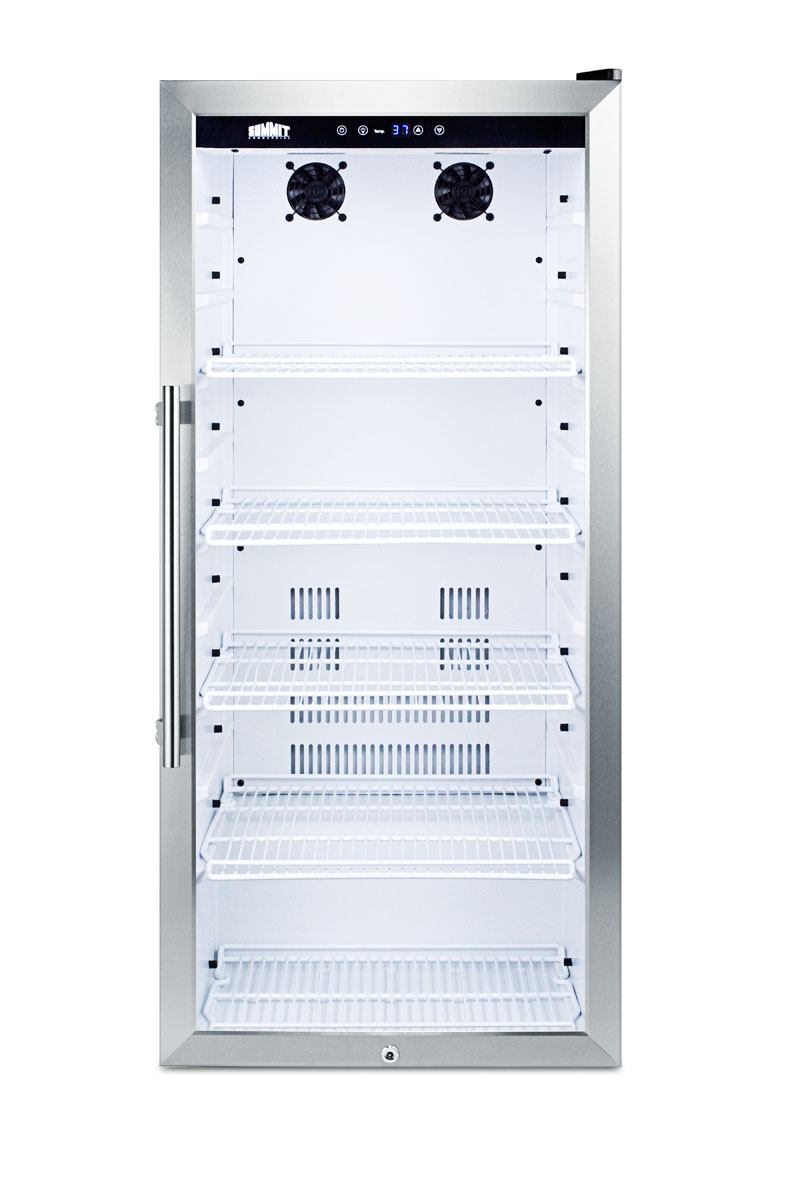 9 cu.ft. commercial glass door beverage merchandiser designed for the display and refrigeration of beverages and sealed food, with digital controls, LED lighting, full interior display, and a white cabinet